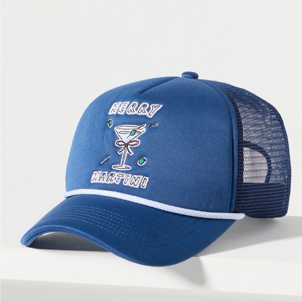 Anthropologie Blue "Merry Martini" Embroidered Trucker Hat